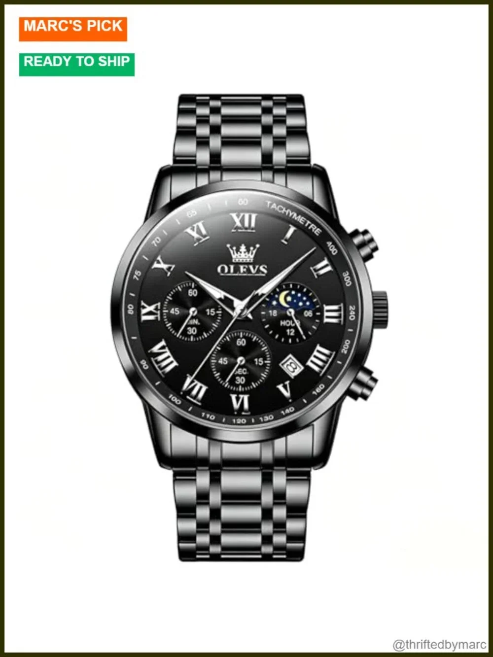 Men's Big Face Stainless Steel Quartz Chronograph Moon Phase Date Luminous